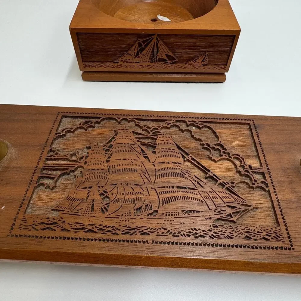 Nautical  Lasercraft Walnut Desk Set · Ship Pen Holder + Ashtray